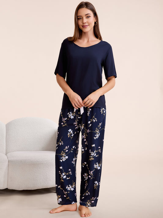 Smilooen Womens Pajama Sets 2 Piece Outfits for Women Summer Floral Print Sleepwear