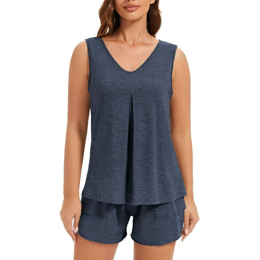 Smilooen Womens Pajama Sets 2 Piece Summer Outfit for Women Sleeveless Loungewear S,Navy