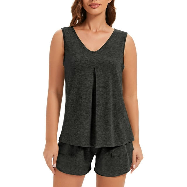 Smilooen Womens Pajama Sets 2 Piece Summer Outfit for Women Sleeveless Loungewear S,Navy